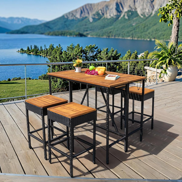 Ophelia & Co. 5 Piece Patio Acacia Wood Bar Set With Foldable High
